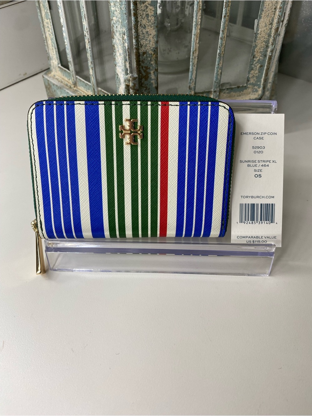 Tory Burch Emerson Zip Coin Case - Blue & White Stripe NWT
